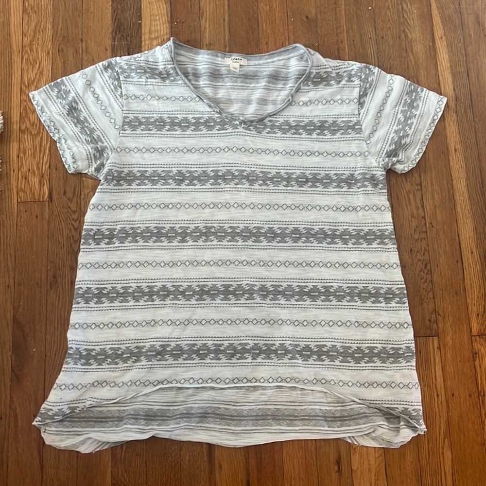 Gray and white print shirt longer in length size M